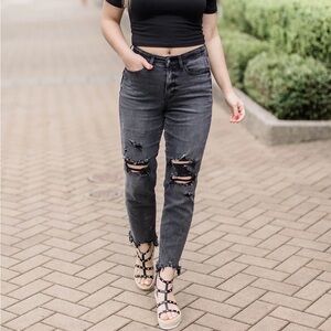 Judy blue black, distressed, straight denim cut off unfinished raw hem